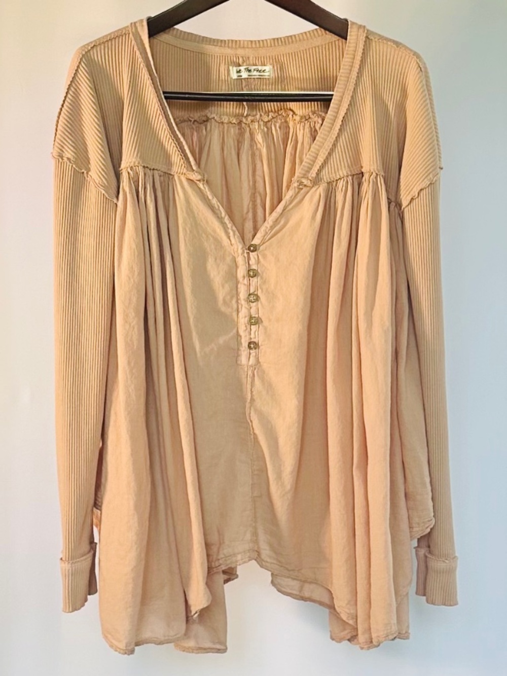 Free People We The Free Lyrical Mixed-Media Tunic Blouse Beige